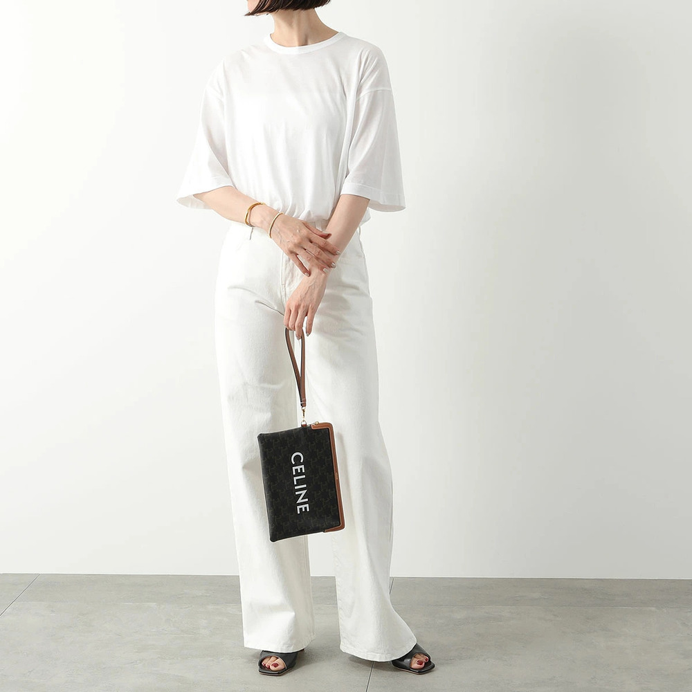 Celine Clutch Bag Pouch Clutch Triomphe Leather Canvas Strap Tan